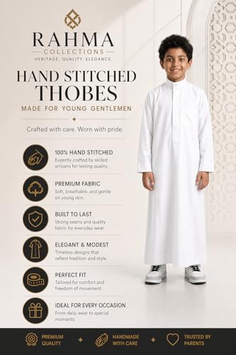 ثوب تقليدي بنمط سعودي من رحمة، كندورا، جوبا، مخيط يدويا من قماش فاخر، ياقة بشريط صلب وجيبين جانبيين، جيب امامي للاطفال والاولاد، ابيض، 16-18 سنة