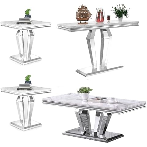 MTFY 4 Pieces Coffee Table Set, Faux Marble Living Room Table Set of 4, Modern Coffee Table, Console Table and 2 End Tables with Diamond-Shaped Stainless Steel Base for Living Room (White Silver) Cover