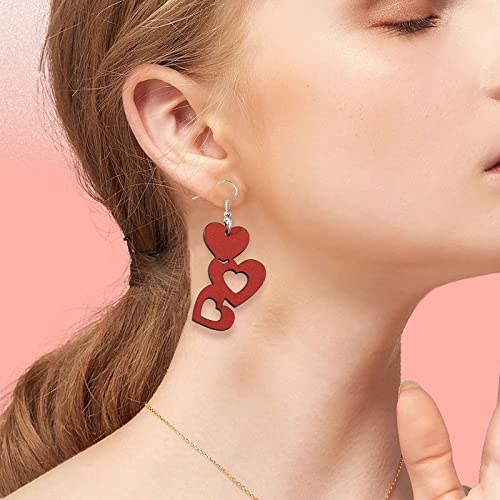 Boucles d'oreilles en bois double face avec cœurs rouges pour filles - 5