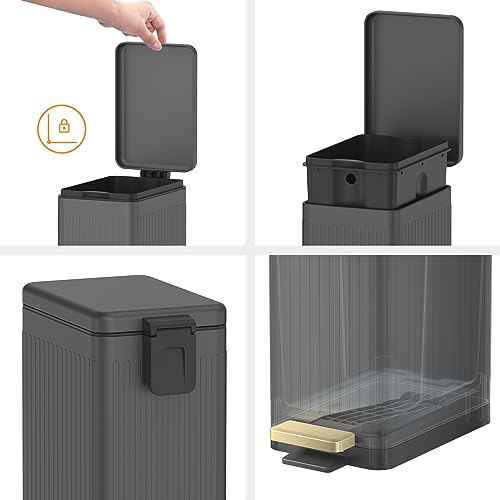 Mbillion Badezimmer-Mülleimer mit Deckel, Edelstahl, schmal, Abfalleimer, Metall, 10 l, rechteckiger Treteimer für schmales Büro, Küche, Schlafzimmer, WC, sanft schließend, Grau – Bild 4