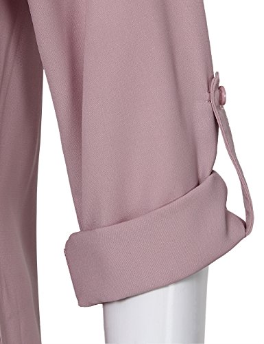 Timeson Tunic Blouses, Womens Chiffon Long Sleeve V Neck Solid Color Pleated Front Curved Hem Casual Shirt Tops Dark Pink L