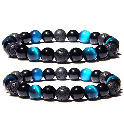 Bracelet Triple Protection, 2 PCS 6/8/10 mm Obsidienne Noire Oeil de Tigre avec Oeil de Tigre Naturel Hématite Pierre Bracelet Bonne Chance Cadeau pour Lui Petit Ami Mari Père Cover