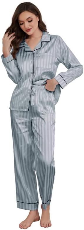 U2SKIIN Women Satin Pajamas Set, Long Sleeve Silk Pajamas for Women Striped Button Down 2-Piece Pj Set