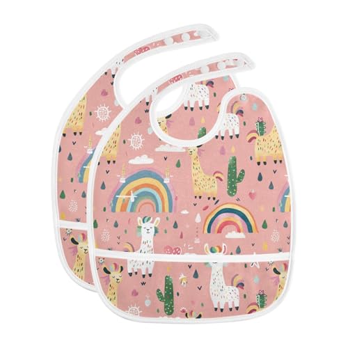 MCHIVER Pink Alpaca Rainbow Baby Bibs for tag1 Waterproof Feeding Bib Apron with Food Cather Adjustable Cotton Food Eating Bib 2 Pack