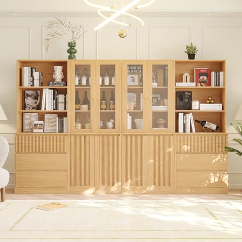 TUSY 71\'\' Freestanding Tall Storage Cabinet, 5 Tier Wood Bookcase with 3 Drawers and 2 Tempered Glass Doors, 2 PCS Large Floor Cabinet, Combination Storage Shelves for Living Room, Home Office