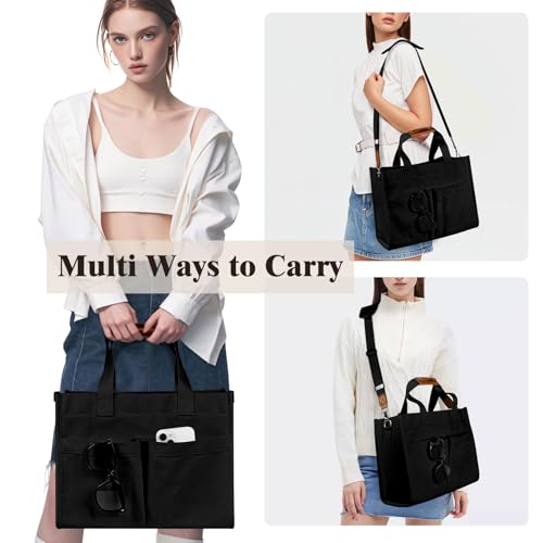 MIAOJIE Tote Bag for Women, Canvas Tote Bag with Velcro Closure, Laptop Work Messenger Crossbody Bags Everyday Tote Bags Handbags Purse for Travel Nurse Teacher College -Black
