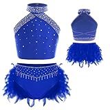 LiiYii Girls Hip Hop Jazz Ballet Dance Outfit Sparkly Crop Top and Feather Brief Skirt Lyrical Dancewear Blue 12 Years