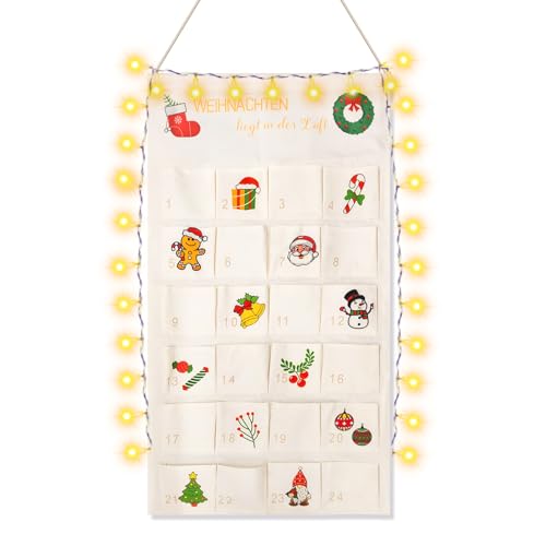 Calendario de Adviento 2025 para rellenar, tela, calendario de Navidad para rellenar, reutilizable con 24 bolsillos, calendario de Adviento para colgar, para colgar en la pared, puerta, Navidad