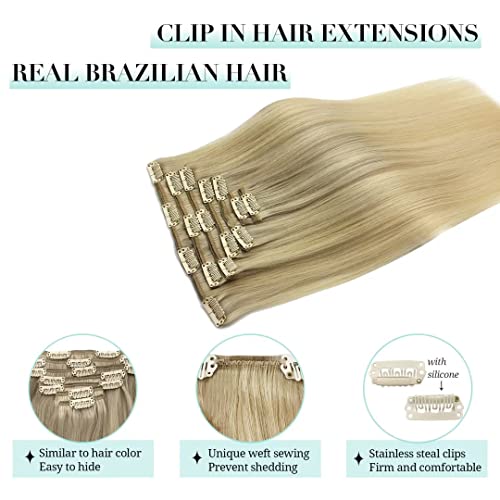 Image of DOORES Human Hair Clip in Extensions, Balayage Ash Blonde to Golden Blonde and Platinum Blonde 24 Inch 120g 7pcs, Clip in Extensions Human Hair Natural Extensions For Women Clip in Straight Thick Hair
