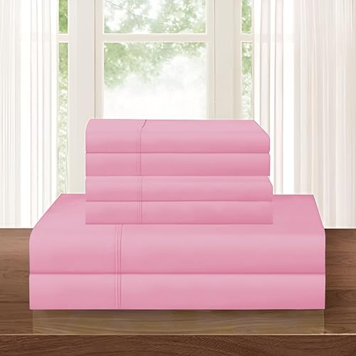 Elegant Comfort Luxury Soft 1500 Premium Hotel Quality Microfiber Wrinkle and Fade Resistant Cozy 5-Piece Bedding Set, Easy All Around Elastic Fitted Sheet, Deep Pocket, Split King, Light Pink