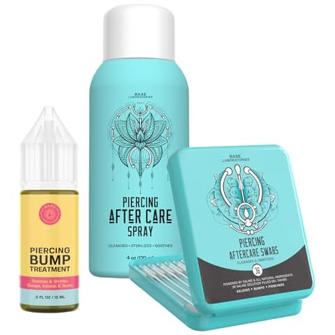 BASE LABORATORIES Ultimate Healing Piercing Aftercare Kit | Piercing Aftercare Spray + Keloid Piercing Bump Treatment Oil + Piercing Cleaner Swabs | Keloid Bump Removal - Saline Solution for Piercings Cover
