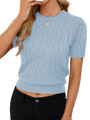 Image of Libsorge Womens Cropped Short Sleeve Sweater Fall 2025 Crewneck Sheer Knit Tops - Lightweight, Thin, Crop, Slim Fit