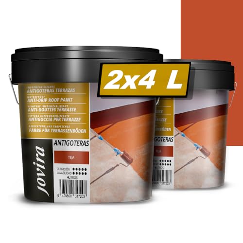 JOVIRA PINTURAS Impermeabilizante Antigoteras, Terraza Antigoteras Caucho Elástica, pintura de terrazas, evita filtraciones en todo tipo de cubiertas y terrazas. (2x4 Litros, Teja) A-44-2