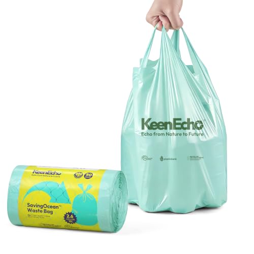 KeenEcho 2.6 Gallon 50 Counts Small Green Trash Bags with Handle, Ocean Fishing Nets Upcycling, Sage & Sea Salt Scented, Plastic Garbage Bags, Waste Bag for Bathroom, Kitchen, Office and Pets