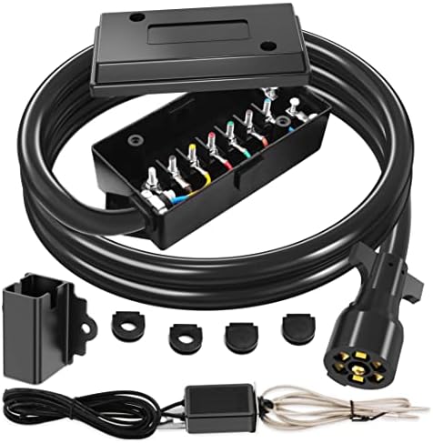 CircleRoad 7 Way Trailer Cord 8 Feet with 7 Gang Junction Box Kit, 7 Way Trailer Wiring Harness Kit and Trailer Breakaway Kit, 12V Emergency Breakaway Switch and Plug Holder, Waterproof, Dustproof