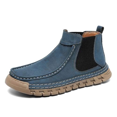 BGSMGISKD Causal Ankle Boots for Women'S Hand-Stitched Flat Vintage Walking Boots with elastic band Round Toe Non-Slip Slip-On Outdoor Athletics Hiking Camping Work Boot (Blue,11.5)