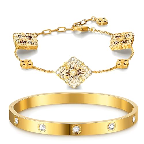 18K Gold Plated Clover Lucky Love Bangle Bracelet Set For Women, Non Tarnish Stacking Friendship Bracelet Set, Christmas Anniversary Birthday Gift