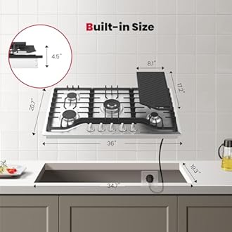 GASLAND 36 Inch Gas Cooktop, PRO GH3365SF 5 Burner Gas Stovetop with Reversible Cast Iron Grill/Griddle, Plug-in, NG/LPG Convertible Cooktops, Stainless Steel