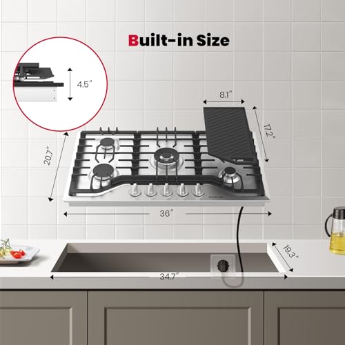 GASLAND 36 Inch Gas Cooktop, PRO GH3365SF 5 Burner Gas Stovetop with Reversible Cast Iron Grill/Griddle, Plug-in, NG/LPG Convertible Cooktops, Stainless Steel