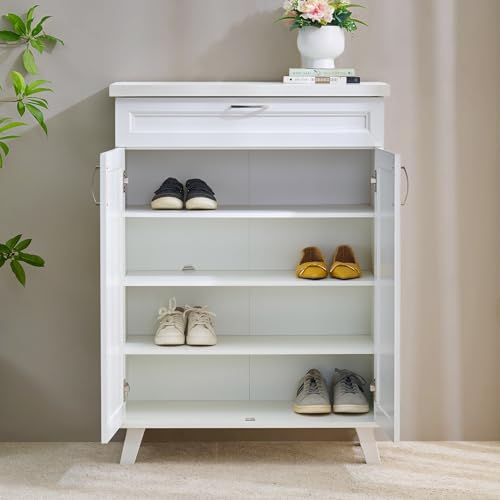 Image of Home Centre | Helios Alton 12 Pairs Shoe Cabinet with Drawer | Engineered Wood | White | 1 Year Warranty