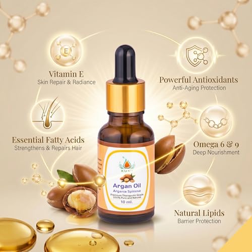 Image of KUNJ Argan Oil 10ml | 100% Pure & Natural Cold Pressed Moroccan Argan Oil | Undiluted Oil for Hair Nourishment, Skin Hydration, Face Care & DIY Beauty Use