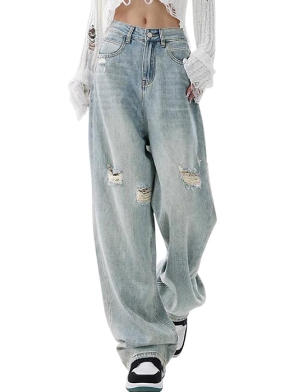 EMMIOL Wide Leg Jeans Women's Baggy with Mid Rise Jeans Fashion Loose Trousers Light Blue L