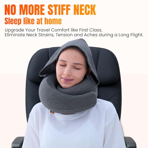Image of LOEXAIR Hooded Pro Travel Pillow - Memory Foam Neck Support Pillow for Airplane, Flight - Super-Soft Pure Cotton Fabric, Maximum Privacy & Light-Block Design, Lightweight Full Travel Kit - Dark Grey