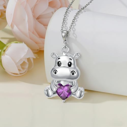 Image of PROESS Animal Birthstone Necklace 925 Sterling Silver Otter /Axolotl /Hippo /Elephant /Dachshund /Monkey /Red Panda Pendant Necklace Animal Birthstone Jewelry Gifts for Women