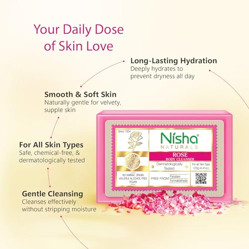 Image of Nisha Rose Body Cleansing Soap Bar 125g - Paraben Free, Vegan, Gentle Cleanse for Soft & Supple Skin, Suitable for All Skin Types, Men & Women