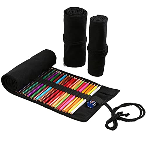 Misgirlot Pencil Roll Wrap,Pencil Wrap Canvas Colored Pencil Roll Wrap (No Pencils) Solid Color Pencils Wrap Case Pencil Organizer Paint Brush Storage Pouch For Artist Painter Student (Black,48 Slots) #TOP1