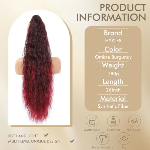 Image of Claw Clip Ponytail Extension 26In Wavy Curly Hair,Ombre Burgundy