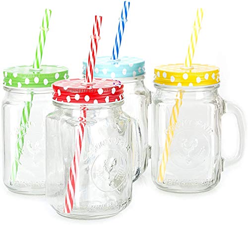 Image of Glass Mason Jar with Handle, Lid & Straw | 450ml Transparent Glass Mug for Juice, Milkshake, Smoothie & Mocktail | Leakproof BPA-Free Party Jar for Kitchen & Outdoor Use (PACK OF 4) (Multicolor)
