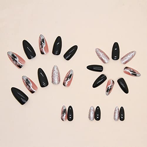 Medium Press On Nails Almond Shape Fake Nails With Silver Waves Design Glitter Acrylic Nails Full Cover Artificial Nails Glossy False Nails Black Glue On Nails For Women And Girls Manicure 24Pcs #TOP1