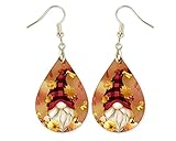 Gnome Fall Earrings for Women Autumn Thanksgiving Lightweight Teardrop Dangle Fun Colorful Statement Jewelry Handmade by the Painted Pug (Fall Gnome Leaves)