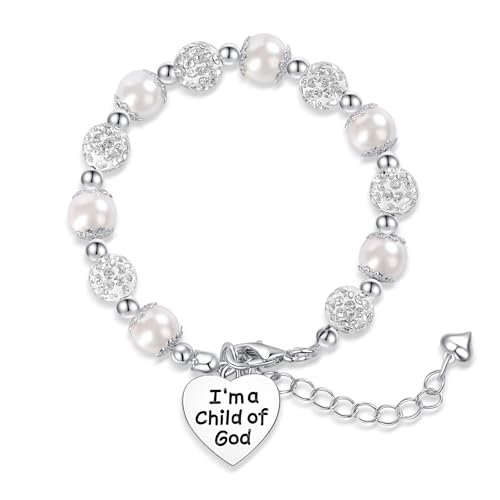 Image of First Communion White Bead Charm Bracelet Handmade Jewelry Baptism or Christening Gift for Girls