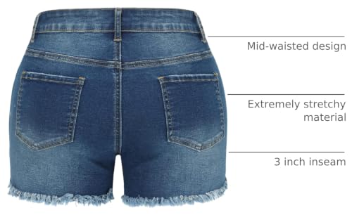 Image of THUNDER STAR Women Mid Rise Ripped Stretchy Jeans Shorts Frayed Raw Hem Casual Denim Shorts