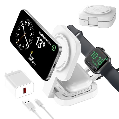 Carga inalámbrica 3 en 1 para Apple Dispositivo, Mini Estación Carga Plegable para Magsafe para iPhone 17/Air/16/15/14/13/12 Serie, Apple Watch Serie y AirPods Pro/2/3/4(Adaptador Incluido) (Blanco)