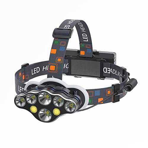 Beteray Rechargeable Headlamp, 8 LED 15000 High Lumens Head Lamp with Red Light, 8 Lighting Modes Head Lamp with USB Charge, 90° Adjustable & IPX45 Head Light for Fishing, Camping,Hiking