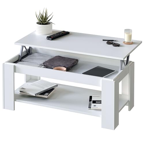 Mesa Centro con revistero, Mesa elevable, mesita Mueble Salon Comedor, Acabado en Blanco Artik,...