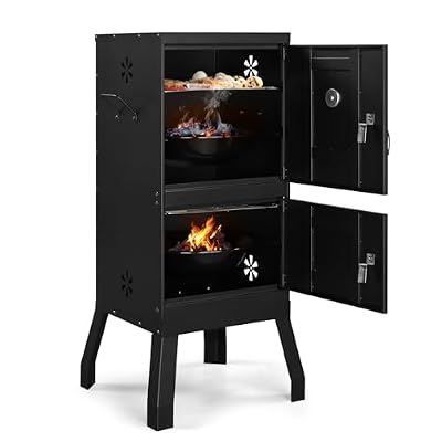 ROVSUN 2-in-1 Outdoor Smoker with Double Doors, Vertical Portable Charcoal Grill with Two Detachable Grill Smoking Racks and Charcoal Pan, Perfect for Camping Barbecue, Black