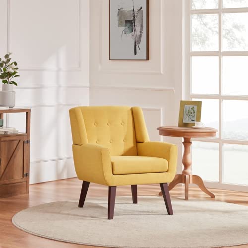 Huimo Accent Chair, Button Tufted Upholstered Sofa Chairs, Comfy Linen Fabric Armchair For Bedroom, Reading, Mid-Century Modern Living Room Chair (Yellow) #TOP3