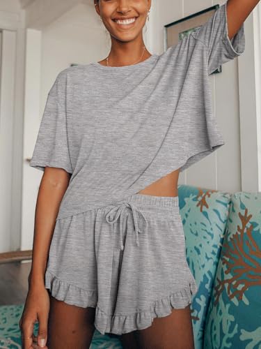 Image of Tankaneo Womens 2 Piece Shorts Set Summer Casual Short Sleeve T Shirts Drawstring Ruffle Shorts Pajamas Lounge Set