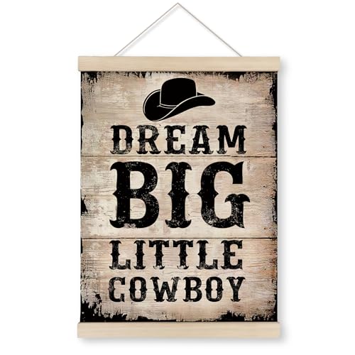 Image of HRQKO Western Dream Big Little Cowboy Poster Hanger Frame, Western Room Decor, Cowboy Wall Art with Wooden Frames, Vintage Wall Hanging Banner Decor for Teens Boys Kids Room, 12x16 inch