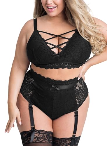 EVELUST Damen Sexy Dessous Set Große Größen Erotische Lingerie Unterwäsche Reizwäsche Spitzen BH und Höhe Taille Strumpfgürtel Belt Panty mit Blumenmuster Stickerei und Netz(Black,2XL,828w)