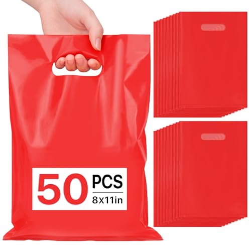 ANZNKU 50 PCS Red Party Favor Bags 8x11 Goodie Bag for Candy Treat Jewelry Craft Easter Egg Plastic Gift Bags with Die Cut Handles for Birthday School Events & Small Business Wedding