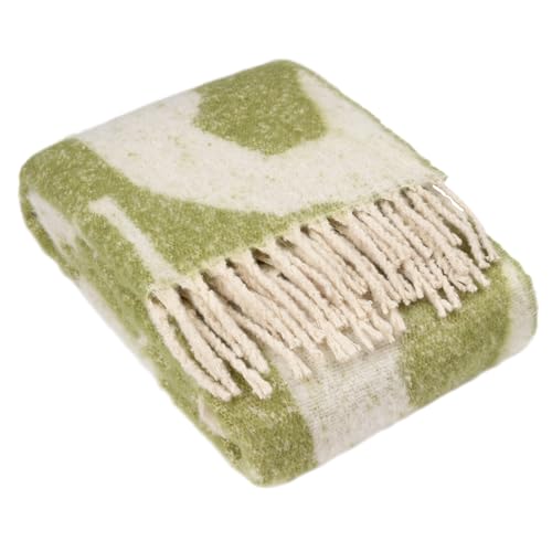 furn. Hoem Meta Abstract Jacquard Throw – Soft Faux Mohair Tasselled Design (Olive – 130 x 180 cm)