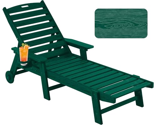 Image of Patio Chaise Lounge Chair Outdoor with Wheels, Oversize Patio Lounge Chairs with Wood Texture, HDPE 5-Position Plastic Lounge Chairs for Poolside, Patio, Deck, Beach,Green