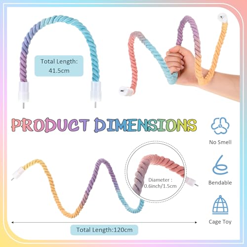 Image of Skyygemm 2pcs Gradient Colorful Bird Rope Perches Stand Pole Bird Cage Bendable Swing Climbing Rope Toys Accessories Cotton Climbing for Parrot Cockatiels Parakeet Budgies Lovebirds(16.3''& 47.2'')