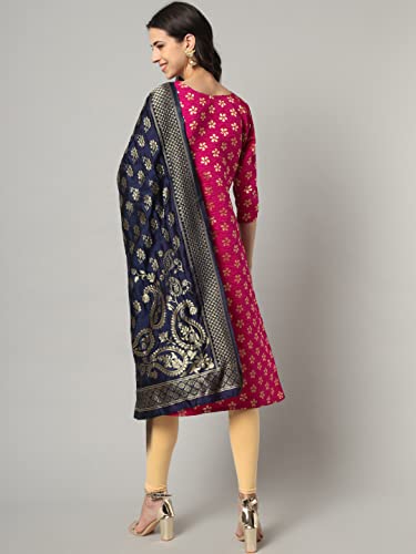 Image of VredeVogel Women's Cotton Silk Blend Straight Kurta With Dupatta with Banarasi Silk Dupatta