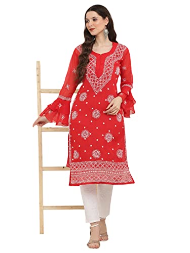 Image of FAWOMENT Women's Designer Georgette Straight Kurta with Hand Crafted Lucknowi Chikankari Embroiderey Emblemished Moti Work Along